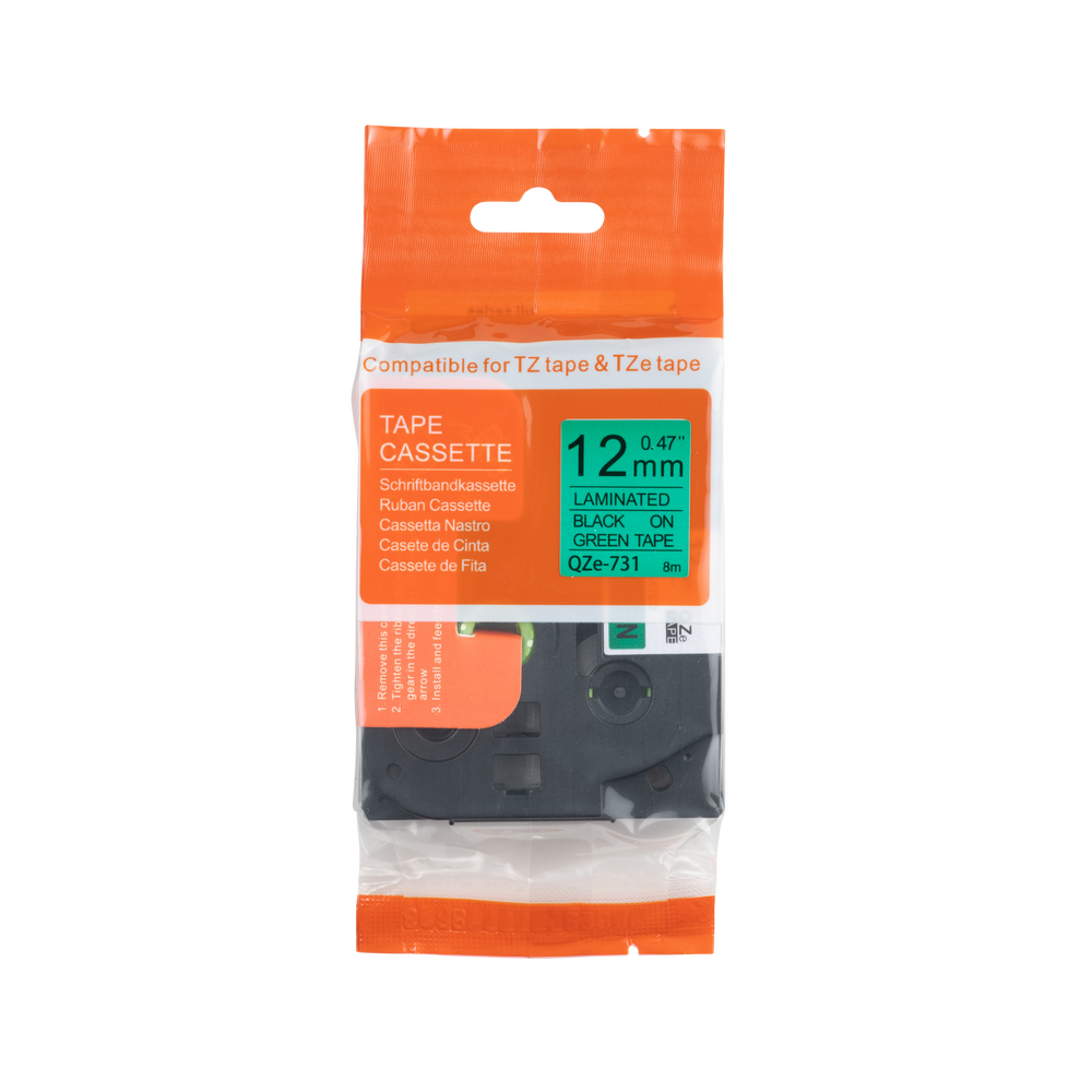 Brother-kompatibles TZE-731-Klebeband, Schwarz auf Grün, 12 mm x 8 m 