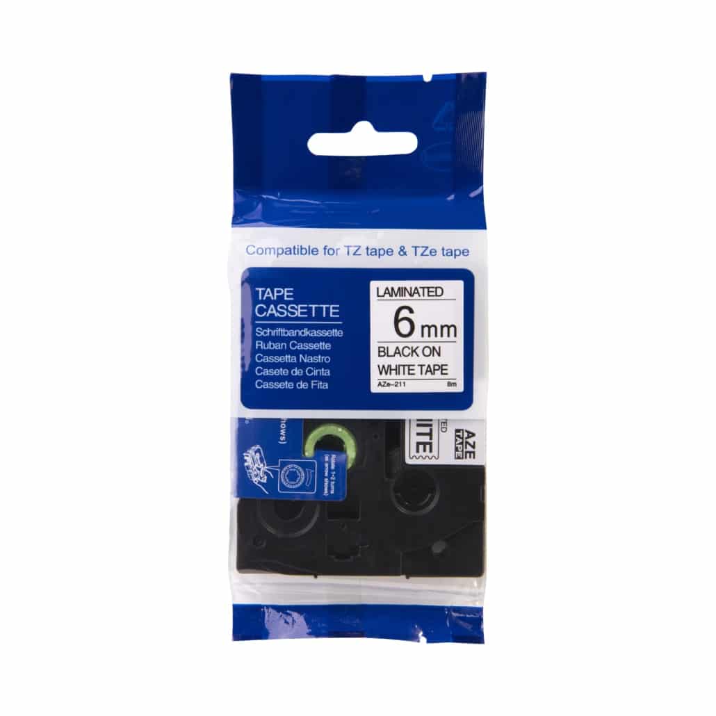 Brother-kompatibles TZe-211-Klebeband schwarz auf weiß 6 mm x 8 m